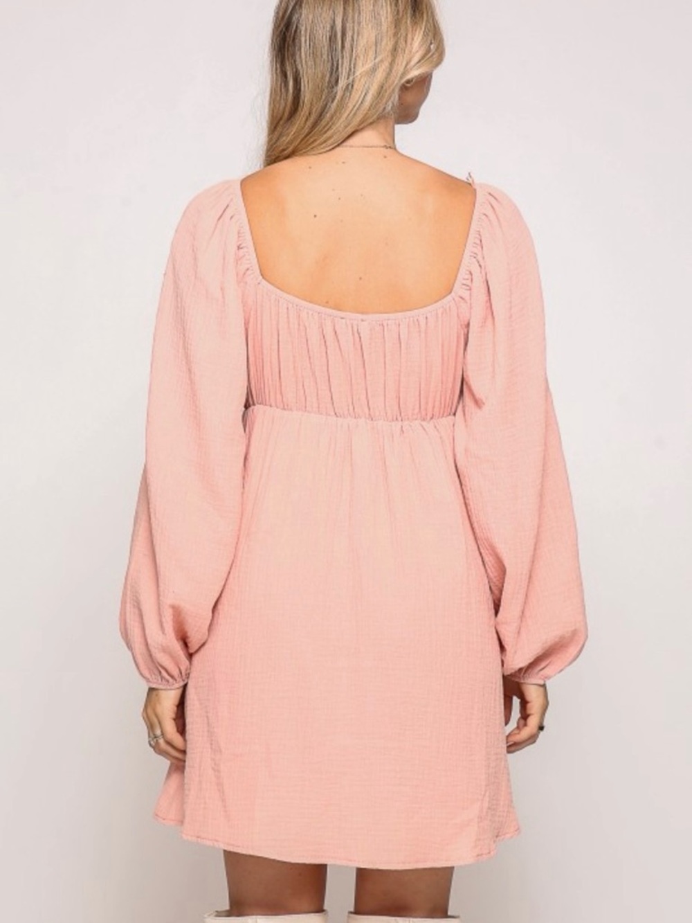 Women's Blush Pink Babydoll Dress - Soft Long Sleeve - Picture 5 of 5
